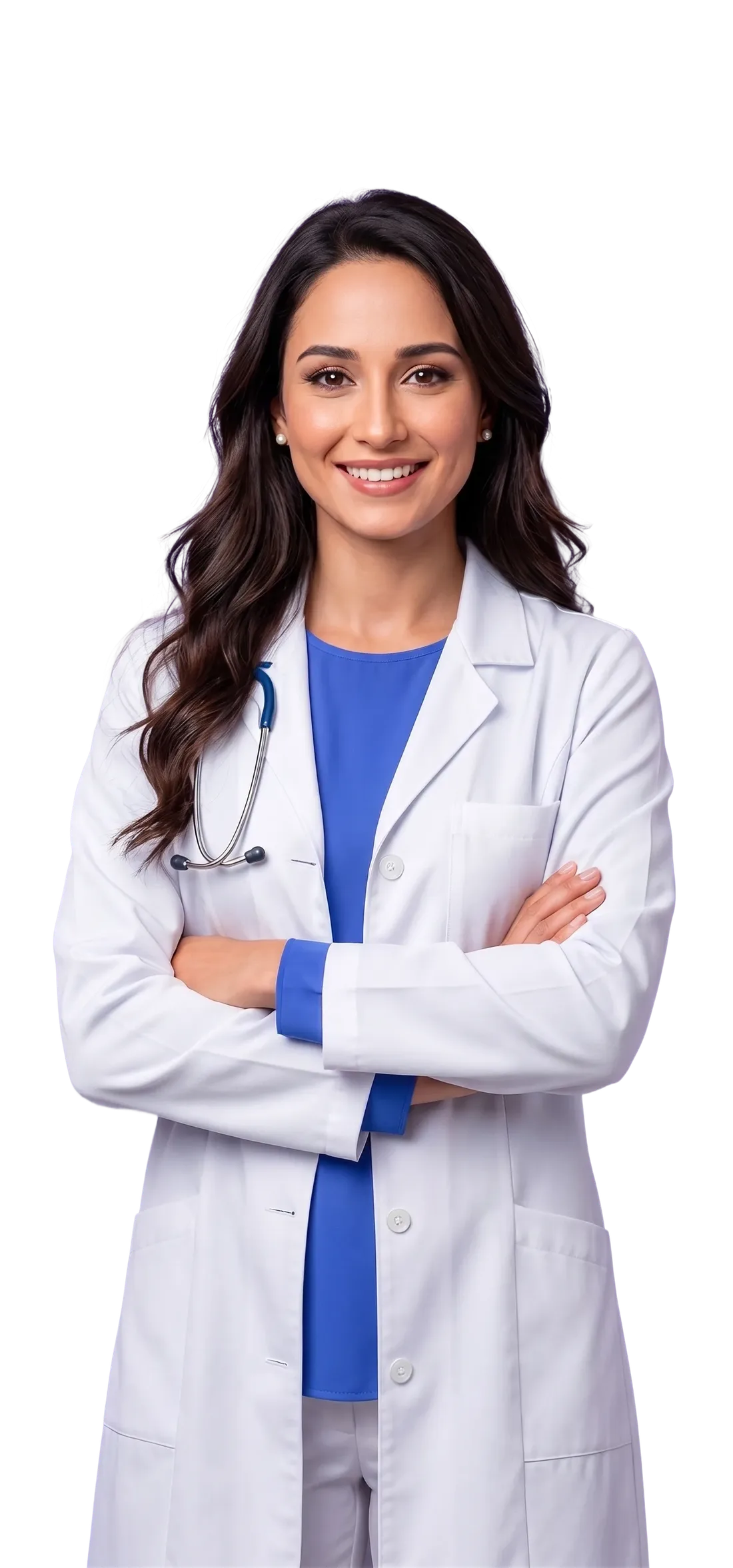 Médica sorrindo de braços cruzados
